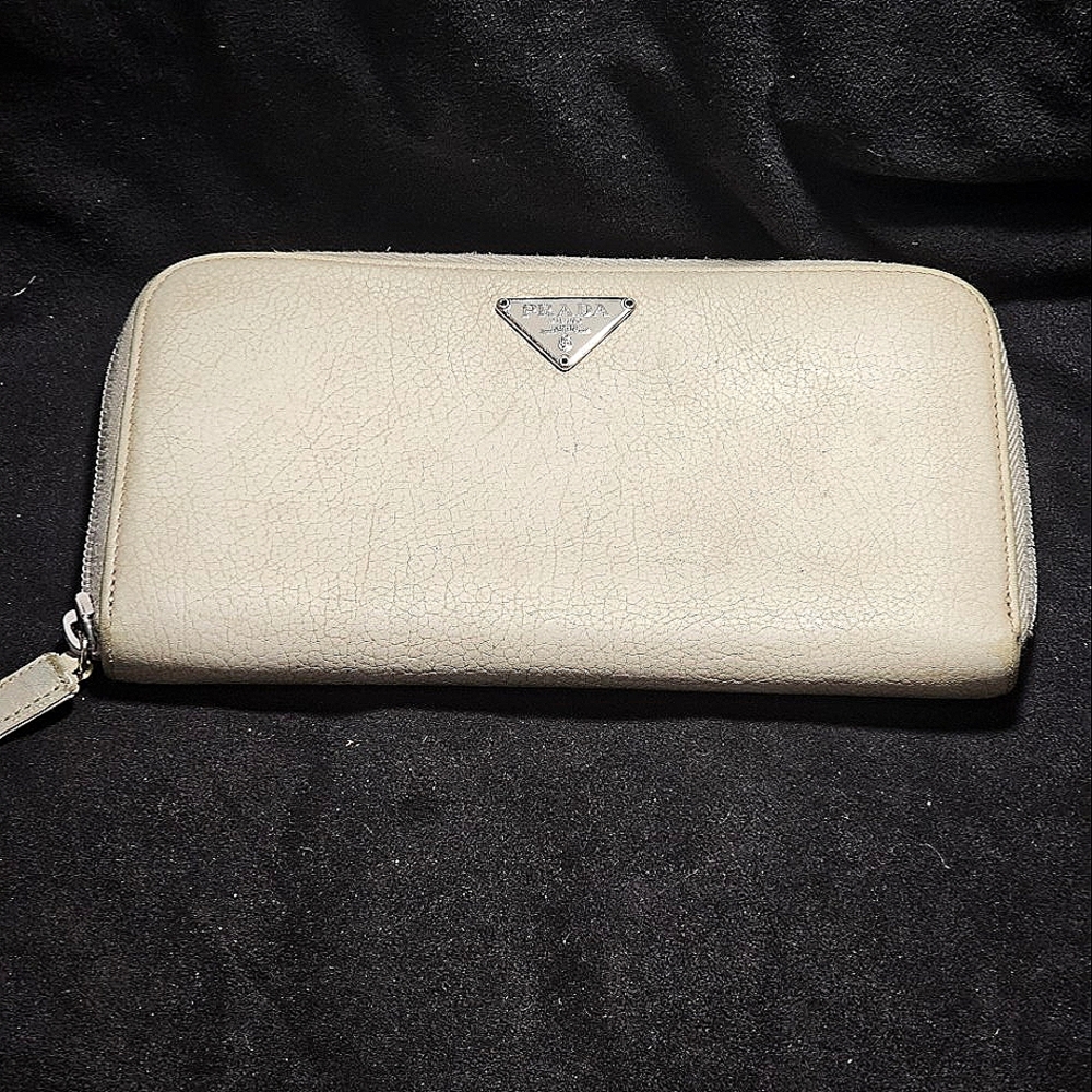 PRADA LEATHER LONG CREAM WALLET